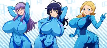 3girls absurdres arms_behind_head ass blue_eyes blue_hair blue_leotard bodysuit breasts character_request closed_mouth commission cosplay covered_navel danball_senki eyebrows_hidden_by_hair from_behind glasses hair_between_eyes hanasaki_ran hand_on_own_hip highres hitokiwa_kenchin huge_breasts impossible_bodysuit impossible_clothes kojou_asuka large_breasts leotard long_hair looking_at_viewer multiple_girls oozora_haruka_(danball_senki) open_mouth pixiv_commission pointing pointing_up purple_eyes purple_hair samus_aran samus_aran_(cosplay) skin_tight smile zero_suit