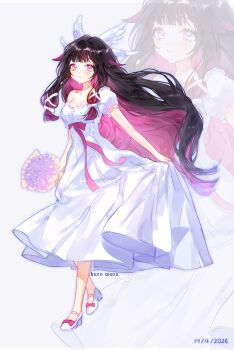 Rule 34 | 1girl, absurdres, alternate costume, artist name, black hair, blush, bouquet, bow, breasts, buro moon, cleavage, columbina (genshin impact), commentary, dated, dress, flower, footwear bow, full body, genshin impact, hair ornament, high heels, highres, holding, holding bouquet, holding own dress, long hair, long sidelocks, looking at viewer, medium breasts, parted lips, puffy short sleeves, puffy sleeves, purple eyes, purple hair, red bow, shoes, short sleeves, sidelocks, solo, standing, untranslatable commentary, unusually open eyes, very long hair, white background, white dress, white shoes, wing hair ornament, zoom layer