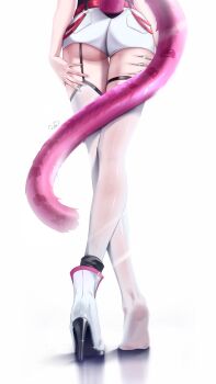 1girl absurdres ass belt boots claw_ring clothing_cutout commentary crossed_legs english_commentary feet from_behind garter_straps hands_on_own_thighs high_heel_boots high_heels highres hololive hololive_english leg_focus legs lower_body luke_s_(artist) panther_girl panther_tail raora_panthera raora_panthera_(1st_costume) red_belt shadow short_shorts shorts signature single_boot single_garter_strap skindentation soles solo sparkle tail tail_through_clothes thigh_strap thighhighs thighs underbutt virtual_youtuber white_background white_boots white_shorts white_thighhighs
