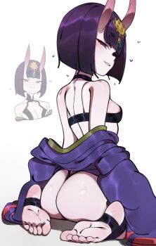 1girl absurdres ass bare_shoulders breasts commentary deko_morii english_commentary fate/grand_order fate_(series) feet from_behind full_body grin headpiece heart highres horns japanese_clothes kimono long_sleeves multiple_views narrowed_eyes off_shoulder oni purple_eyes purple_hair purple_kimono short_hair shuten_douji_(fate) sideboob simple_background sitting skin-covered_horns small_breasts smile soles stirrup_footwear toes wariza white_background wide_sleeves