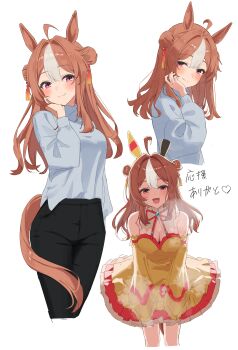 Rule 34 | 1girl, absurdres, ahoge, animal ears, bare shoulders, black pants, blush, breasts, brown hair, cidersour, cleavage, closed mouth, commentary request, copano rickey (umamusume), copano rickey (yin-yang bagua lucky costume) (umamusume), detached sleeves, double bun, dress, fang, grey sweater, hair between eyes, hair bun, hair intakes, highres, horse ears, horse girl, horse tail, long hair, looking at viewer, medium breasts, mismatched ear covers, multicolored hair, open mouth, pants, red eyes, simple background, skin fang, smile, streaked hair, sweater, sweater tucked in, tail, turtleneck, turtleneck sweater, umamusume, white background, white streaks, yellow dress, yellow sleeves