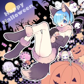 1boy 4girls animal_ears animal_hands beatrice_(re:zero) between_breasts black_hair blonde_hair blue_eyes blue_hair blush boots breasts candy chibi closed_eyes dress drill_hair emilia_(re:zero) fake_animal_ears food fur_collar fur_trim ghost gloves hair_ornament hair_over_one_eye halloween halloween_bucket halloween_costume happy_halloween hat highres jack-o&#039;-lantern long_hair looking_at_viewer maid maid_headdress mini_person mitori12345 moon multiple_girls mummy_costume natsuki_subaru open_mouth paw_gloves paw_shoes pink_hair pumpkin purple_eyes ram_(re:zero) re:zero_kara_hajimeru_isekai_seikatsu rem_(re:zero) ribbon roswaal_mansion_maid_uniform short_hair siblings sisters smile star_(symbol) tail tombstone twin_drills twins witch_hat wolf_ears wolf_tail x_hair_ornament