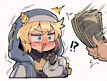 !? 1boy ^^^ androgyne_symbol black_gloves blonde_hair blue_jacket blush bridget_(guilty_gear) commentary_request cropped_torso double-parted_bangs drooling fingerless_gloves gloves green_eyes guilty_gear guilty_gear_strive hood hood_up hooded_jacket itsuka_neru jacket long_sleeves looking_at_viewer male_focus meme money_hand_(meme) motion_lines open_clothes open_jacket open_mouth saliva short_hair simple_background smile solo_focus trap white_background wide-eyed