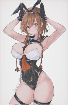 1girl animal_ears armpits black_gloves blue_eyes braid breasts butao cleavage cowboy_shot gloves highleg highres kantai_collection looking_at_viewer open_mouth orange_hair playboy_bunny rabbit_ears rabbit_pose simple_background solo teruzuki_(kancolle) twin_braids