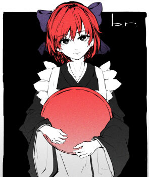 1girl apron blue_bow bow hair_bow highres holding holding_plate initial japanese_clothes kimono kohaku_(tsukihime) long_sleeves looking_at_viewer maid plate red_hair rockmor short_hair smile solo tsukihime yellow_eyes