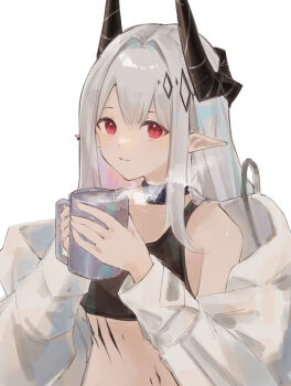1girl absurdres arknights bare_shoulders blush coat coffee_mug collar commentary crop_top cup grey_hair hair_ornament highres horns infection_monitor_(arknights) long_hair long_sleeves looking_at_viewer material_growth mudrock_(arknights) mug nanami_alice off_shoulder open_clothes open_coat oripathy_lesion_(arknights) parted_lips pointy_ears red_eyes simple_background smile solo steam white_background white_coat