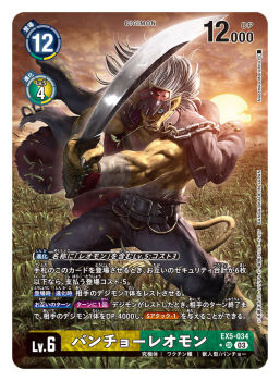 Rule 34 | 1boy, artist name, bancholeomon, black jacket, black pants, body fur, card (medium), character name, commentary request, copyright name, digimon, digimon (creature), digimon card game, holding, holding sword, holding weapon, jacket, jacket on shoulders, katana, lion, long hair, male focus, morishita naochika, official art, on grass, orange fur, pants, solo, standing, sunset, sword, trading card, translation request, weapon, white hair