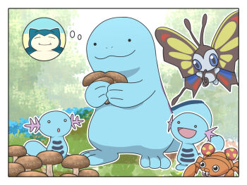 :d beautifly black_eyes blue_eyes bright_pupils closed_mouth commentary_request day gen_1_pokemon gen_2_pokemon gen_3_pokemon mushroom nintendo no_humans open_mouth outdoors outline paras pokemon pokemon_(creature) quagsire smile snorlax solid_circle_eyes speech_bubble standing thought_bubble trinitro_t white_pupils wooper