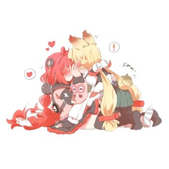 ! 2girls alice_thymefield animal_ears black_gloves black_pantyhose black_skirt blonde_hair blush braid braided_twintails cardigan closed_mouth commentary_request ear_blush fingerless_gloves full_body gloves green_skirt hair_ornament hand_on_another's_back hearing_aid heart layered_skirt long_hair low_twintails motion_lines multiple_girls no_shoes pantyhose pink_cardigan rabbit_ears rabbit_girl rabbit_tail rebecca_(keinelove) red_eyes shirt simple_background sitting skirt smile sphere_hair_ornament spoken_exclamation_mark spoken_heart sweatdrop tail twintails ukinami_yuzuha white_background white_shirt yuri zenless_zone_zero