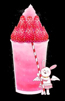 ^_^ alcohol angel_wings animal bad_id bad_twitter_id black_background blush_stickers bow closed_eyes clothed_animal commentary_request cup danganronpa_(series) danganronpa_2:_goodbye_despair drinking_glass drinking_straw eyelashes food frilled_skirt frills fruit highres holding holding_drinking_straw korean_commentary light_particles miniskirt open_mouth oversized_food oversized_object pink_bow pink_skirt simple_background skirt smile ssr_eun19 standing strawberry usami_(danganronpa) white_wings wings