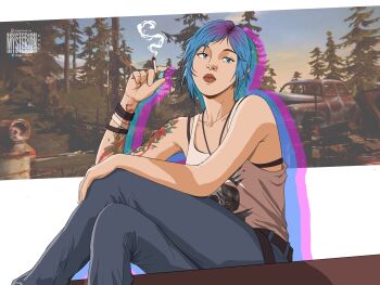 Rule 34 | 1girl, absurdres, arm tattoo, blue eyes, blue hair, blue pants, chloe price, cigarette, commentary, crossed legs, english commentary, highres, holding, holding cigarette, life is strange (series), life is strange 1, looking at viewer, mysterion11art, pants, sitting, solo, tank top, tattoo, white tank top