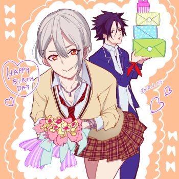 0721786 1boy 1girl 2018 arm_ribbon armlet blue_jacket blue_pants closed_mouth dated flower gift grey_hair hair_between_eyes happy_birthday heart heart_background holding holding_flower holding_gift jacket jewelry looking_at_object looking_at_viewer multicolored_flower multicolored_necktie multicolored_skirt nakiri_alice necklace necktie open_mouth pants red_eyes red_necktie red_ribbon ribbon school_uniform shirt shokugeki_no_souma short_hair silver_armlet silver_necklace skirt smile sweater white_shirt