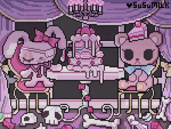 animal animal_focus animated animated_gif artist_name bear black_eyes blue_bow blue_bowtie bone bow bowtie cake cake_slice candle caustics chair chandelier chibikemo clothed_animal commentary crack english_commentary eyelashes eyepatch fire flower food fruit lowres medical_eyepatch neck_ribbon no_humans on_chair original pink_bow pink_ribbon rabbit red_flower red_rose ribbon rose sitting skull solid_oval_eyes storm strawberry susumilk