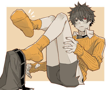 1boy ai_the_somnium_files ai_the_somnium_files:_nirvana_initiative belt black_belt black_hair border brown_background collared_shirt colored_skin commentary_request full_body grey_eyes grey_male_underwear grey_skin hair_between_eyes heterochromia highres legs_up long_sleeves looking_at_viewer male_focus male_underwear ookutsuwa_waga orange_socks orange_sweater outside_border pants red_eyes ryuki_kuruto shirt short_hair simple_background sitting sleeves_past_wrists socks solo sweater underwear unworn_pants white_border white_shirt