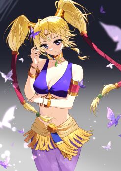 1girl absurdres adjusting_hair armband bare_shoulders blonde_hair bracelet breasts bug butterfly circlet cleavage cowboy_shot crop_top forehead_jewel gold_choker gradient_background grey_background hand_on_own_elbow hand_up harem_outfit highres hoshina_utau insect jewelry large_breasts long_hair looking_at_viewer navel purple_butterfly purple_skirt qingmang_yelan shugo_chara! skirt sleeveless smile solo stomach too_many too_many_butterflies twintails
