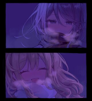 2girls :d black_hair blonde_hair blue_eyes blush breath dot_nose gradient_hair highres hoshino_ichika_(project_sekai) long_hair looking_at_viewer mu_ri003 multicolored_hair multiple_girls open_mouth pink_hair project_sekai scarf smile split_screen tearing_up tenma_saki twintails