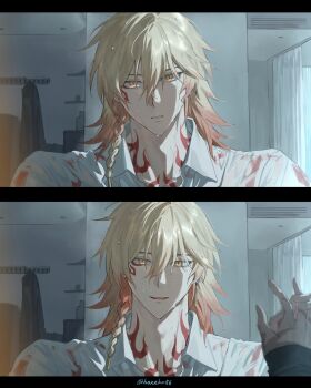 2boys akabane_yu blonde_hair braid chinese_commentary collared_shirt commentary_request facial_tattoo flame_reaver_of_the_deepest_dark gradient_hair highres holding_hands honkai:_star_rail honkai_(series) male_focus medium_hair multicolored_hair multiple_boys mydei_(honkai:_star_rail) neck_tattoo phainon_(honkai:_star_rail) red_hair red_tattoo see-through_clothes see-through_shirt shirt shoulder_tattoo side_braid tattoo wet wet_clothes wet_hair wet_shirt white_shirt yaoi yellow_eyes