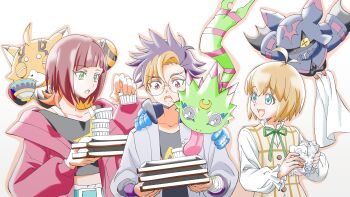 1girl 2boys absurdres artist_request bat_wings chiropmon digimon digimon_(creature) digimon_beatbreak gekkomon glasses group_picture highres jacket kuonji_makoto multicolored_hair multiple_boys multiple_others official_art open_clothes open_jacket open_mouth pristimon round_eyewear sakuya_reina shirt short_hair simple_background stuffed_toy tenma_tomoro toei_company two-tone_hair white_background wings