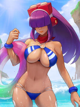 1girl absurdres android bikini blunt_bangs breasts dark-skinned_female dark_skin hair_over_eyes highres hime_cut innertube large_breasts layer_(mega_man) long_hair looking_at_viewer mega_man_(series) mega_man_x_(series) nao_(gatita) ocean official_alternate_costume outdoors purple_hair robot_ears sky smile solo swim_ring swimsuit water