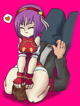 1boy 1girl asamiya_athena assertive_female chinese_clothes from_above heart highres kusanagi_kyou lotikmac lying on_back pink_background psycho_soldier purple_eyes purple_hair simple_background sitting sitting_on_face sitting_on_person skindentation snk source_request spoken_heart the_king_of_fighters the_king_of_fighters_xv thick_thighs thighs wide_hips