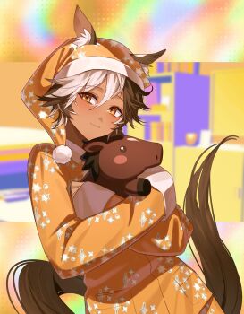Rule 34 | 1girl, 86ch, absurdres, alternate costume, animal, animal ears, animal hug, bed, blurry, blurry background, bookshelf, brown eyes, brown fur, brown hair, brown tail, closed mouth, commentary, commission, english commentary, hair between eyes, hat, highres, horse, horse ears, horse girl, horse tail, indie virtual youtuber, long sleeves, looking at viewer, orange hat, orange pants, orange shirt, pajamas, pants, second-party source, shirt, sleeves past wrists, smile, tail, umarmy (tomoe umari), virtual youtuber, white hair