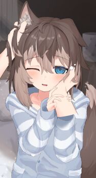 1girl absurdres animal_ears bed bedroom blue_eyes brown_hair caress caressing_cheek dog_ears dog_girl dog_tail fluffy_clothes grabbing_another&#039;s_arm hand_in_another&#039;s_hair hand_on_another&#039;s_cheek hand_on_another&#039;s_face hasuki_rui highres hood hooded_pajamas indie_virtual_youtuber lamp long_sleeves looking_at_viewer medium_hair multicolored_hair one_eye_closed pajamas pov pov_hands single_ear_down sleepy spice_(artist) squeans tail tears two-tone_hair virtual_youtuber