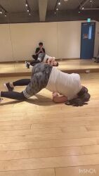 1boy 1girl animated asian ass ass_focus black_hair cellphone curvy exercising flexible gym_uniform highres huge_ass japanese_(nationality) long_hair looking_at_another lowres moaning phone photo_(medium) real_life recording ririkana simple_background skin_tight skindentation smartphone spread_legs talking thigh_gap video wide_hips