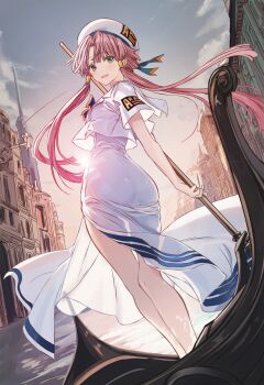 1girl aria_(manga) ass cloud commentary_request cutlass_(classic_chocolate) dress evening feet_out_of_frame green_eyes hat highres long_hair looking_at_viewer mizunashi_akari open_mouth outdoors parted_bangs pink_hair short_sleeves solo standing sunset white_dress white_hat