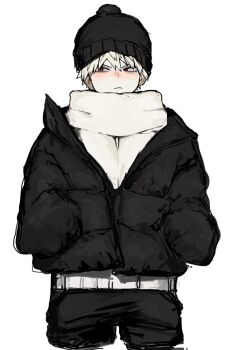 1boy alternate_costume bakugou_katsuki beanie belt black_hat black_jacket black_pants blonde_hair bn_56s boku_no_hero_academia closed_mouth cropped_legs down_jacket frown hands_in_pockets hat highres jacket long_sleeves looking_to_the_side male_focus pants pom_pom_(clothes) red_eyes scarf short_hair sideways_glance simple_background sketch solo spiked_hair standing white_background winter_clothes