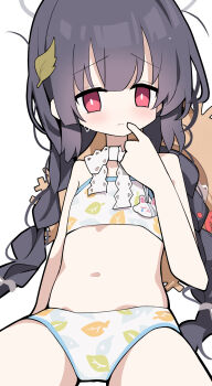 1girl artist_name bare_shoulders bikini blue_archive blush braid braided_twintails bright_pupils closed_mouth commentary cowboy_shot finger_to_mouth flat_chest grey_hair grey_halo halo hand_up hat_on_back highres leaf leaf_on_head leaf_print loli long_hair looking_at_viewer low_twin_braids miyu_(blue_archive) miyu_(swimsuit)_(blue_archive) nanozenzen navel official_alternate_costume official_alternate_hairstyle print_bikini red_eyes ribbon sidelocks simple_background sitting solo stomach sweatdrop swimsuit twin_braids twintails white_background white_bikini white_pupils white_ribbon