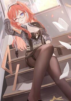 1girl absurdres banana_peel black_dress black_pantyhose blackheart` blue_eyes blue_hair book book_on_head breasts chinese_commentary cleavage commentary_request dress dutch_angle glasses highres honkai_(series) honkai_impact_3rd indoors large_breasts long_hair multicolored_hair object_on_head official_alternate_costume on_stairs one_eye_closed open_mouth pantyhose paper red_hair ruler semi-rimless_eyewear senadina senadina_(steering_inequations) sitting solo streaked_hair two-tone_hair very_long_hair