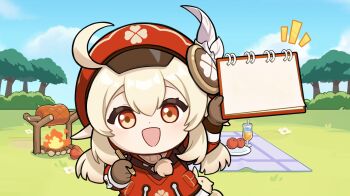 :d ahoge blanket blonde_hair bloomers blue_sky brown_gloves brown_scarf newsboy_cap child cloud cloudy_sky clover_print coat coin_hair_ornament day dodoco_(genshin_impact) dress drink feathers fire food fruit genshin_impact gloves grass hair_between_eyes hair_ornament hat hat_feather hat_ornament highres klee_(genshin_impact) long_sleeves low_twintails notebook official_art open_mouth orange_eyes outdoors pencil picnic pointy_ears red_coat red_dress red_headwear roasting rotisserie scarf sidelocks sky smile tree twintails underwear white_feathers