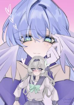 2girls aqua_bow artist_name bare_shoulders blue_eyes blue_hair blush bow breasts chest_bow choker clenched_hand closed_mouth collarbone commentary detached_sleeves emblem empty_eyes english_commentary feathered_wings firefly_(honkai:_star_rail) firefly_(spring_missive)_(honkai:_star_rail) gloves gradient_background green_eyes grey_hair hair_between_eyes hair_bow hair_ornament hairband hand_on_own_face hand_up head_wings heart highres honkai:_star_rail honkai_(series) jewel_under_eye leaf_hair_ornament long_hair long_sleeves looking_at_another looking_down lovestruck medium_breasts multicolored_eyes multiple_girls official_alternate_costume pink_background pink_eyes pleated_skirt puffy_long_sleeves puffy_sleeves purple_bow purple_choker purple_hairband purple_skirt purple_sleeves robin_(honkai:_star_rail) sailor_collar school_uniform serafuku shirt sidelocks simple_background skirt smile sweat taykrome upper_body wavy_hair white_gloves white_shirt wings yuri