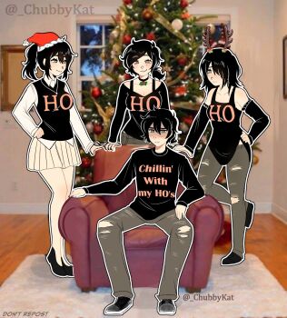 Rule 34 | 1boy, 3girls, :3, :|, ahoge, andrew graves, antlers, arm support, arm warmers, ashley graves, bare legs, bare shoulders, behind another, black arm warmers, black choker, black hair, black shirt, black shoes, black sweater, black sweater vest, black tank top, blue sky, blush, bra strap, breasts, bright pupils, brother and sister, carpet, chillin' with my ho's (meme), choker, christmas tree, chubbykat, cleavage, closed mouth, clothes writing, collarbone, collared shirt, commentary, couch, day, deer antlers, denim, double-parted bangs, elbow rest, english commentary, english text, fake antlers, full body, fur-trimmed headwear, fur trim, green eyes, grey pants, hair between eyes, hair over one eye, hand on own hip, hat, hetero, high heels, high ponytail, highres, horns, implied incest, indoors, jeans, jewelry, julia (the coffin of andy and leyley), legs together, long sleeves, looking at another, looking at viewer, looking down, low ponytail, medium breasts, medium hair, meme, miniskirt, mother and daughter, mother and son, multiple girls, necklace, on couch, one eye covered, outline, pants, pelvic curtain, photo background, pink eyes, pleated skirt, pom pom (clothes), ponytail, portrait (object), puffy long sleeves, puffy sleeves, raised inner eyebrows, red hat, renee graves, santa hat, shaded face, shirt, shoes, short hair, short ponytail, siblings, sitting, skirt, sky, small breasts, smile, spread legs, standing, standing on one leg, sweatdrop, sweater, sweater vest, swept bangs, tank top, the coffin of andy and leyley, thick eyebrows, thick thighs, thighs, torn clothes, torn jeans, torn pants, twitter username, watermark, white outline, white pupils, white shirt, white skirt, window, wooden floor, yellow eyes