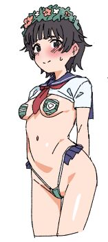 Rule 34 | 1girl, adapted costume, black hair, blue sailor collar, blue serafuku, blue skirt, blush, breasts, commentary, cowboy shot, eyebrows hidden by hair, flower hairband, grey eyes, highres, judgement armband (toaru), momo no suidou-sui, navel, neckerchief, pasties, red neckerchief, sailor collar, sakugawa school uniform, school uniform, serafuku, short hair, skirt, small breasts, solo, summer uniform, sweatdrop, thigh gap, toaru kagaku no railgun, toaru majutsu no index, uiharu kazari