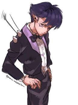 Rule 34 | 1boy, black hair, black suit, cowboy shot, formal clothes, hands on own hips, kyoukai no rinne, looking at viewer, male focus, mame moyashi, masato (kyoukai no rinne), pointy ears, short hair, simple background, solo, suit, white background, wings