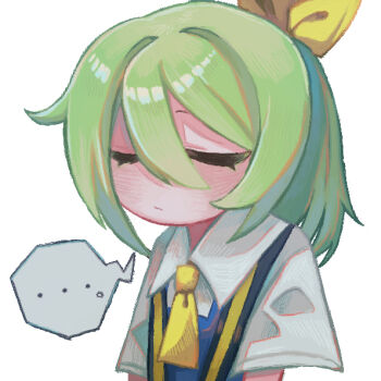 ... 1girl ascot blue_vest blush bow closed_eyes closed_mouth collared_shirt commentary_request cookie_(touhou) daiyousei diyusi_(cookie) expressionless green_hair hair_between_eyes hair_bow high-visibility_clothing high-visibility_vest long_bangs medium_hair melanin_shikiso shirt simple_background solo spoken_ellipsis touhou upper_body vest white_background white_shirt yellow_ascot yellow_bow