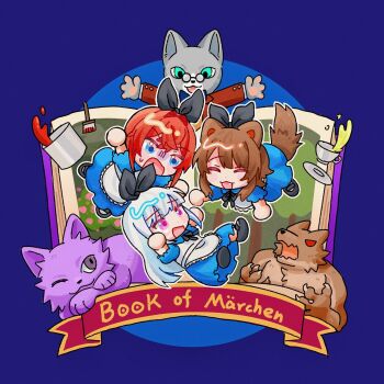 1boy 3girls alice_(alice_in_wonderland) alice_(alice_in_wonderland)_(cosplay) ange_katrina animal_ears apron aqua_eyes black_bow black_ribbon black_shoes blue_background blue_dress blue_eyes blush_stickers book bow brown_hair brown_tail cat chibi closed_eyes commentary cosplay cup dog_ears dog_girl dog_tail dress english_text falling fangs frilled_apron frills furry german_text glasses hair_bow hair_intakes highres inui_toko jacket lize_helesta long_dress long_hair long_sleeves matching_outfits mini_eyewear mixed-language_text multiple_girls neck_ribbon nijisanji open_book open_mouth paint_can paintbrush picture_book pince-nez purple_cat purple_eyes red_hair red_jacket ribbon sanbaka_(nijisanji) saucer scared shoes short_hair short_sleeves spine_dl sweatdrop symbol-only_commentary tail teacup virtual_youtuber werewolf white_apron white_hair