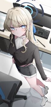 1girl absurdres alternate_costume black_shirt blonde_hair blue_archive blue_eyes blue_halo casual chair closed_mouth computer computer_keyboard denim denim_shorts earrings from_above halo highres jewelry long_hair looking_at_viewer looking_up midriff monitor shirt shorts solo toki_(blue_archive) yukiya0921120