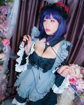 1girl breasts cosplay female_focus headband japanese_(nationality) large_breasts looking_at_viewer model photo_(medium) purple_hair real_life shibuya_kaho solo sono_bisque_doll_wa_koi_wo_suru thighhighs wig