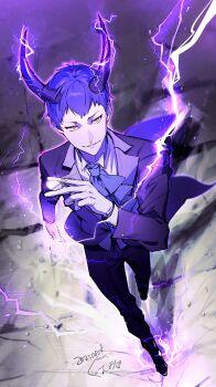 1boy absurdres blue_hair blue_shirt butler clind_(re:zero) commentary_request dragon_boy dragon_horns facing_viewer formal_clothes highres horns kumuo_(mirakurufusao) looking_at_viewer monocle necktie re:zero_kara_hajimeru_isekai_seikatsu shirt signature smirk solo solo_focus suit thunder yellow_eyes