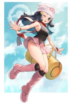 1girl absurdres bag boots cloud commission commissioner_upload dawn_(pokemon) hat highres mitake_eil nintendo non-web_source one_eye_closed pink_boots pokemon pokemon_diamond/pearl/platinum scarf skeb_commission skirt sky upskirt