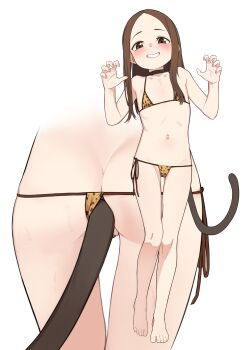 1girl absurdres anal anal_beads anal_object_insertion anal_tail animal_collar animal_print ass barefoot bikini blush brown_eyes brown_hair butt_plug claw_pose collar commentary fake_tail feet female_focus fingernails flat_chest full_body gluteal_fold grin hands_up highres karakai_jouzu_no_takagi-san legs leopard_print loli long_hair looking_at_viewer lowleg micro_bikini multiple_views nail_polish navel object_insertion panapana_(pixiv_12562150) parted_bangs pink_nails projected_inset sex_toy side-tie_bikini_bottom smile standing stomach swimsuit tail takagi-san thigh_gap toenails toes white_background