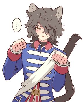 ... 1boy andre_grandier animal_ears black_hair blue_jacket brown_eyes cat_ears cat_tail commentary_request embarrassed fangs hair_over_one_eye half-closed_eyes hands_up highres jacket kemonomimi_mode long_sleeves looking_at_viewer male_focus meremero open_mouth paw_pose sash short_hair shoulder_sash simple_background smile solo spoken_ellipsis sweatdrop tail upper_body versailles_no_bara white_background