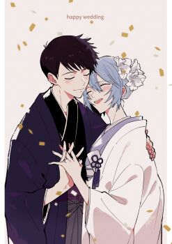 1boy ayanami_rei black_hair blue_hair blush bride closed_eyes confetti dress flower groom hair_flower hair_ornament hand_on_another&#039;s_back highres holding_hands ikari_shinji japanese_clothes jewelry kimono neon_genesis_evangelion open_mouth ring smile uchikake wedding wedding_dress wedding_ring white_flower white_kimono yoshio_296