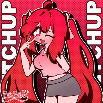 1girl absurdly_long_hair ahoge arm_behind_back blush bonbon_(bonzomcbonbon) breasts character_name crop_top dot_nose grey_skirt hair_ribbon halftone heart heart-shaped_pupils highres ketchup_(bonzomcbonbon) large_breasts long_hair looking_at_viewer one_eye_closed open_mouth original outline pink_ribbon pink_shirt polka_dot polka_dot_background red_background red_eyes red_hair ribbon shirt signature skirt smile solo symbol-shaped_pupils text_background twintails v very_long_hair white_outline