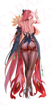 Rule 34 | 1girl, alternate breast size (larger), alternate costume, ass, black bow, body markings, bow, breasts, changli (wuthering waves), chinese commentary, cleft of venus, commentary request, fingernails, from behind, full body, hair bow, hair ornament, hand up, high heels, holding, huge breasts, kneepits, long hair, median furrow, nail polish, nipples, no panties, pantyhose, parted lips, pink hair, profile, pussy, red nails, shoes, shoulder blades, smile, solo, standing, thighband pantyhose, tsuki no i-min, white shoes, wuthering waves