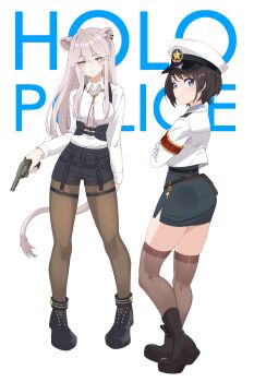 Rule 34 | 2girls, absurdres, ahoge, animal ear piercing, animal ears, armband, ass, belt, belt pouch, black belt, black boots, black hair, black pantyhose, black shorts, black skirt, blue eyes, blue shirt, boots, brown thighhighs, closed mouth, collared shirt, commentary, crossed arms, double-parted bangs, english commentary, full body, gloves, grey eyes, grey hair, gun, hair between eyes, hakimen, handgun, hat, high-waist skirt, highres, holding, holding gun, holding weapon, hololive, jacket, lace-up boots, legwear garter, lion ears, lion girl, lion tail, long hair, long sidelocks, looking at viewer, multiple girls, neck ribbon, official alternate costume, official alternate hairstyle, oozora subaru, oozora subaru (police), pantyhose, peaked cap, pencil skirt, platform boots, police, police hat, police uniform, policewoman, pouch, revolver, ribbon, shirt, shishiro botan, shishiro botan (button-down), short hair, short shorts, shorts, side slit, sidelocks, simple background, skirt, smile, standing, swept bangs, tail, thigh strap, thighhighs, virtual youtuber, weapon, white background, white gloves, white hat, white jacket, white shirt