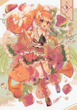 Rule 34 | 1girl, :3, :d, animal ear fluff, animal ears, bare shoulders, black sandals, blush, cat ears, cat girl, cat tail, commentary, crossed bangs, detached sleeves, double-parted bangs, food, frilled skirt, frilled socks, frills, fruit, full body, geta, green hair, hair between eyes, highres, japanese clothes, kimono, kneehighs, long hair, looking at viewer, multicolored hair, obi, open mouth, orange hair, orange skirt, orange socks, original, pleated skirt, red eyes, red kimono, red sleeves, sandals, sash, see-through clothes, see-through sleeves, skirt, sleeveless, sleeveless kimono, smile, socks, solo, standing, striped clothes, striped skirt, symbol-only commentary, tail, tsukumi bis, twintails, two-tone hair, vertical-striped clothes, vertical-striped skirt, watermelon, watermelon slice, wide sleeves