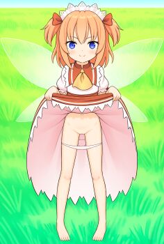 1girl ami_(ammy33) ascot barefoot blue_eyes blush cleft_of_venus clothes_lift dress dress_lift fairy fairy_wings feet female_focus grass hair_ornament lifting_own_clothes loli looking_at_viewer navel orange_hair outdoors panties panty_pull pussy red_dress smile solo sunny_milk toes touhou twintails two-tone_dress underwear white_dress white_panties wings yellow_ascot